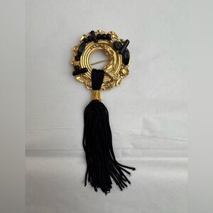 Gold Filigree Circular Pin with Black Bead Accents and Tassel